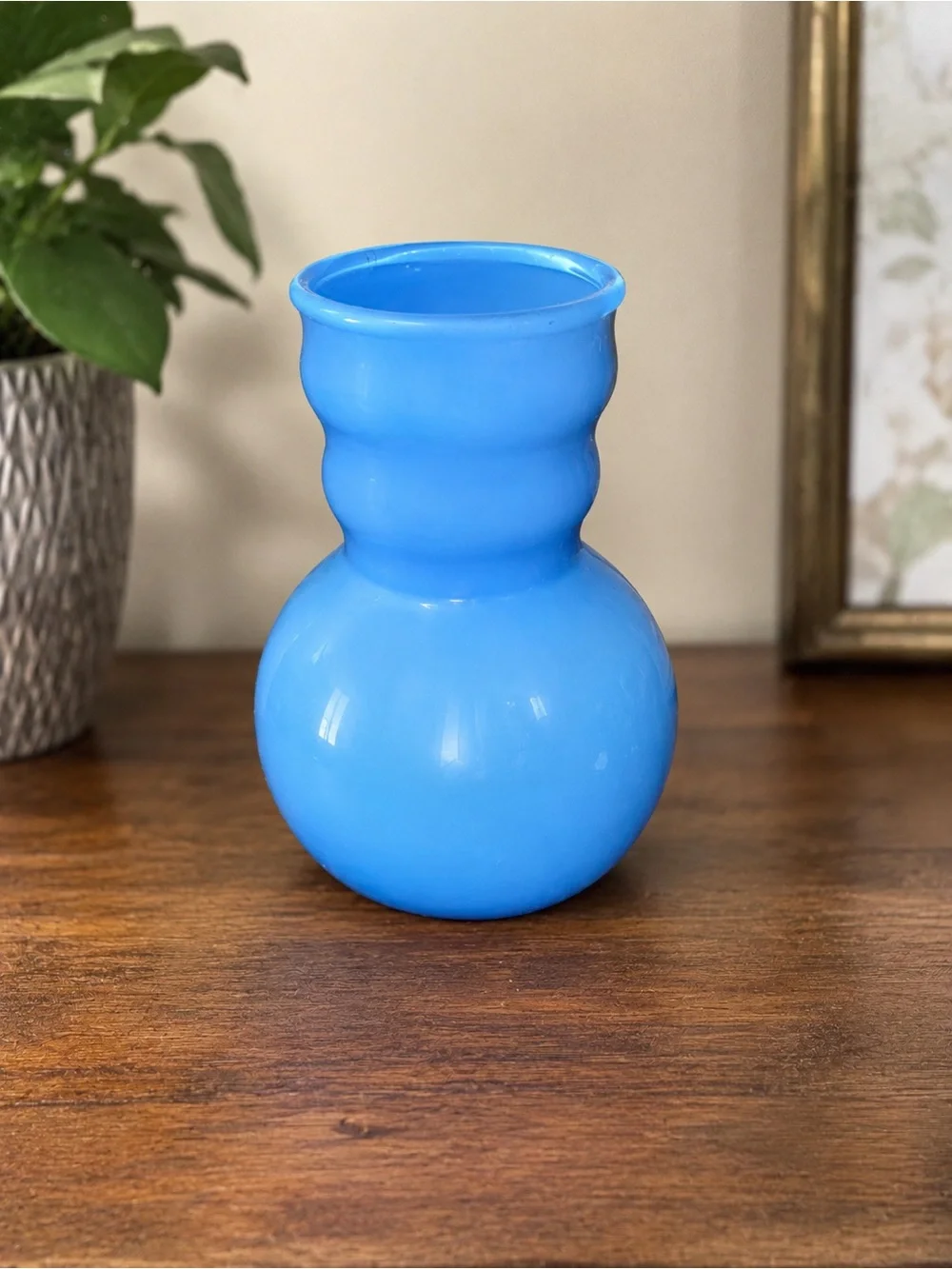 Vintage Blue Satin Glass Bud Vase Small Hand Blown Art Glass 4” Decorative Vase